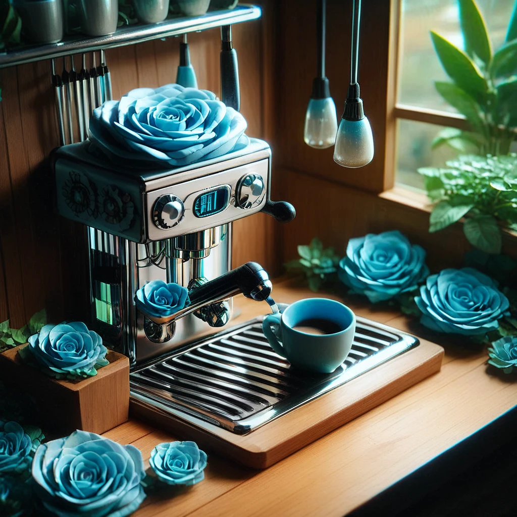 score_9, score_8_up, score_7_up, score_6_up, absurdres, rating_questionable, source_anime, illustration, 4K, ultra detailed, intricate detail, coffee machine, coffee, kitchen, cup, pot, Blue_rose, <lora:Blue_Rose:1>