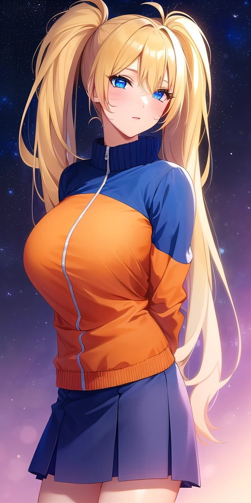 <lora:UzumakiNarukoV3:0.7> naruko_uzumaki, huge_breasts, standing, solo, arms_behind_back, multicolored_jacket_blue_jacket_orange_jacket, orange_skirt, starry_sky,, masterpiece, best_quality, detailed_face, detailed_eyes, highres, beautiful, detailed, absurdres,