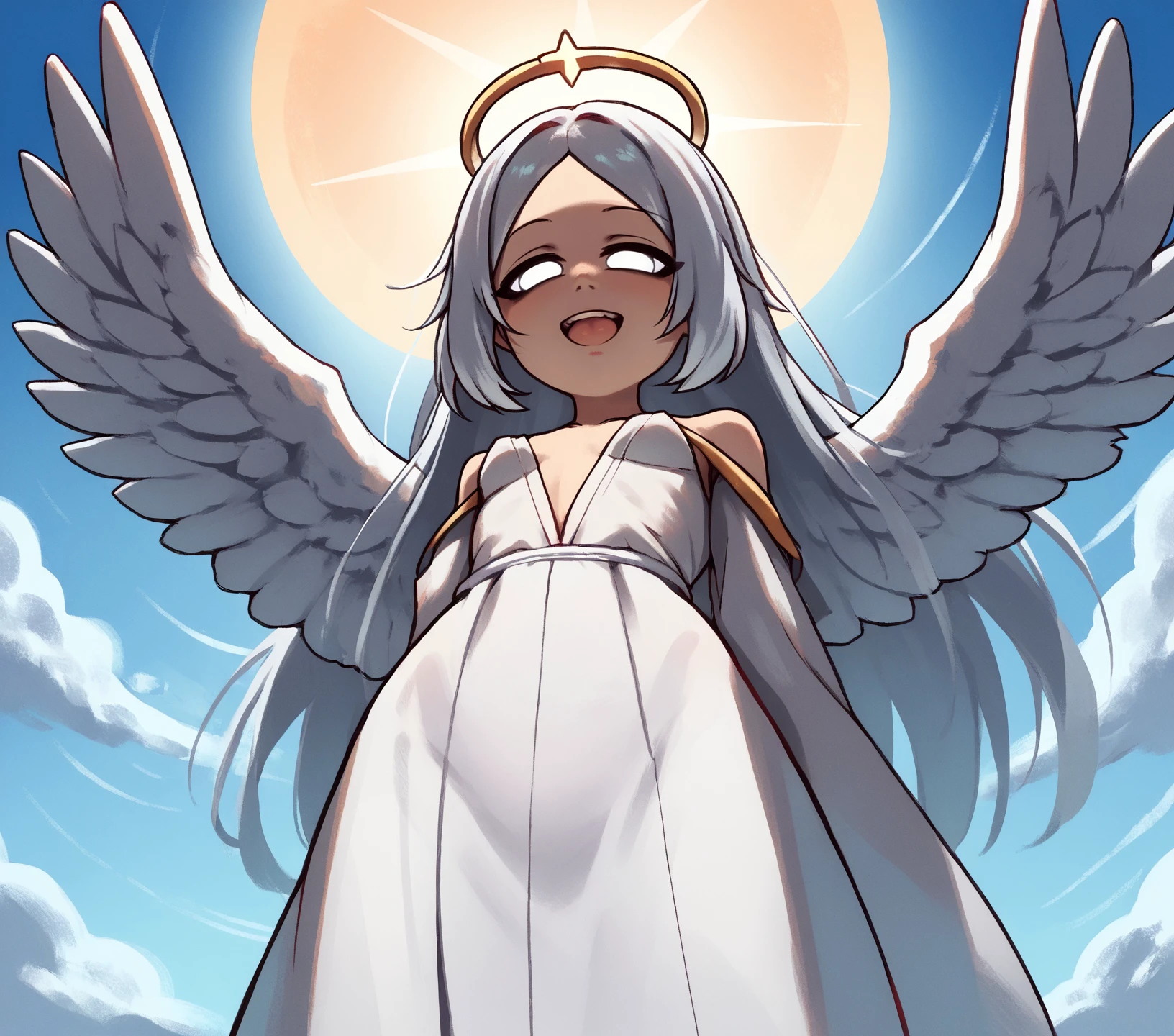 score_9, score_8_up, score_7_up, sky, cloud, cloudscape, low-angle view, sun, sunbeam, day
looking at viewer, narrowed eyes, open mouth, smile, white eyes, no pupils, white hair, solo, female, angel, halo, long hair, feathered wings
small breasts, white robe, standing, hands behind back