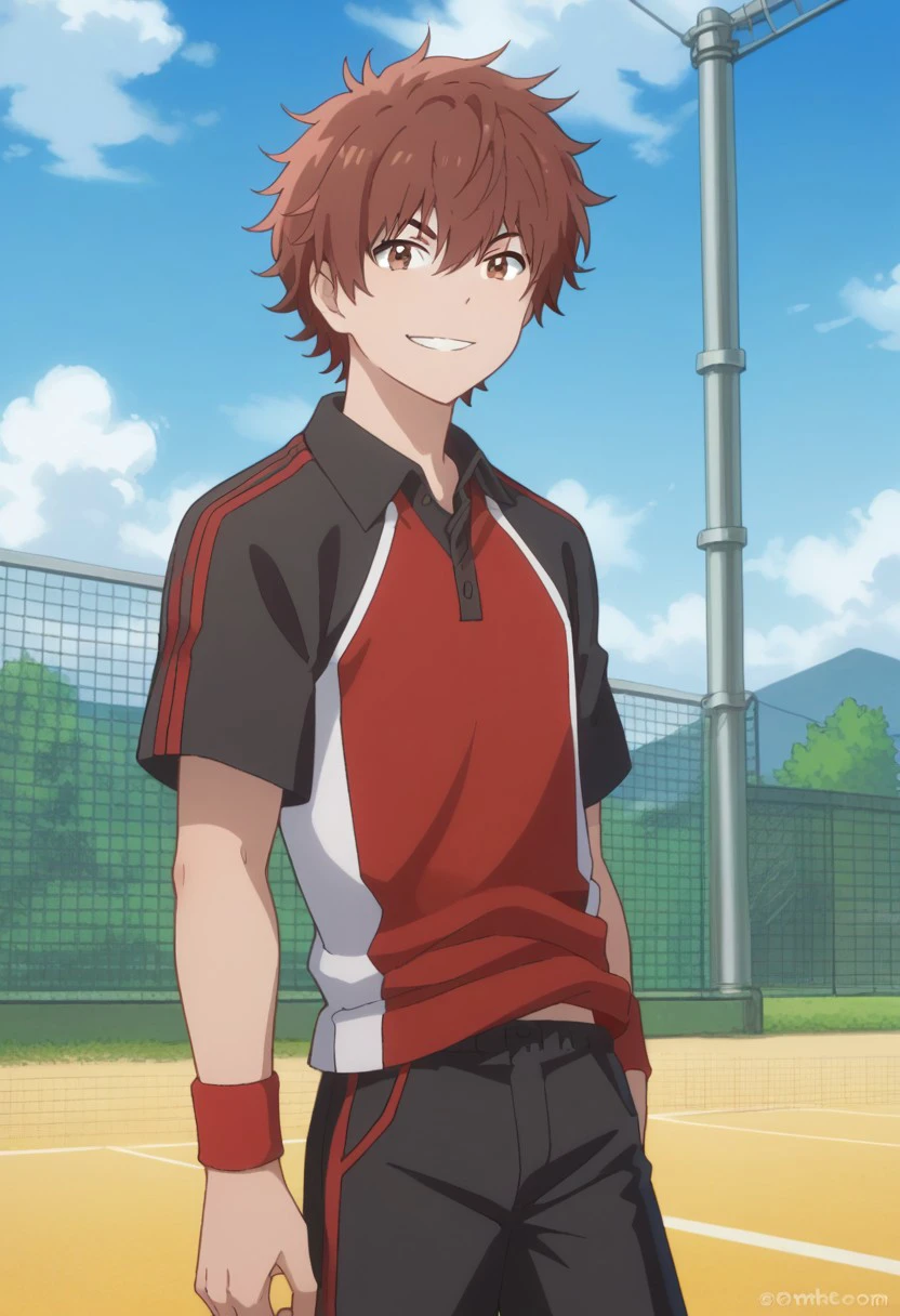 score_9, score_8_up, score_7_up, source_anime, highly detailed, 
arashi, 1boy, male focus, solo, brown eyes, brown hair, smile, looking at viewer, shorts, black shorts, sportwear, tennis uniform, shirt, raglan sleeves, black shirt, red shirt, wristband,
outdoor, sky,