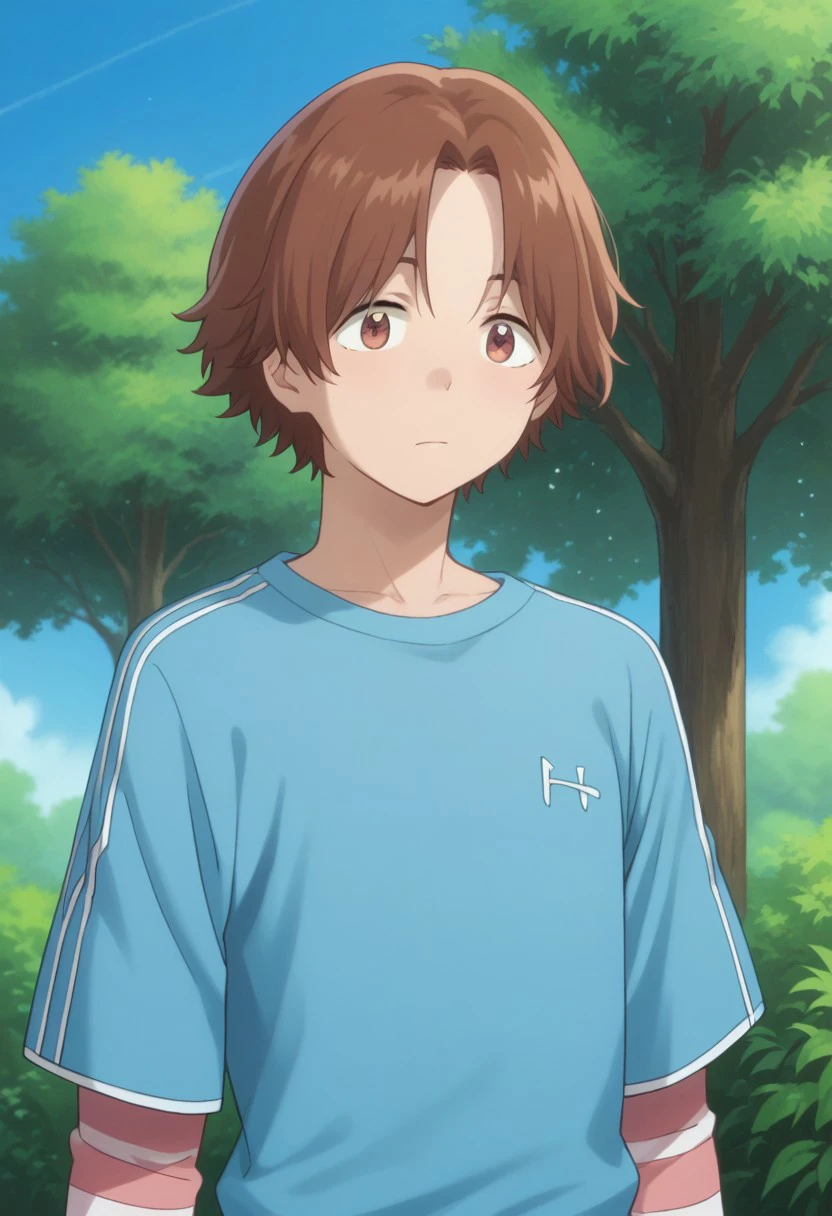 score_9, score_8_up, score_7_up, source_anime, highly detailed, 
rintaro, 
1boy, brown hair, male focus, brown eyes, solo, tree, parted bangs, upper body, stripes, striped sleeves, layered sleeves, blue shirt, pink sleeves,
outdoor, sky,