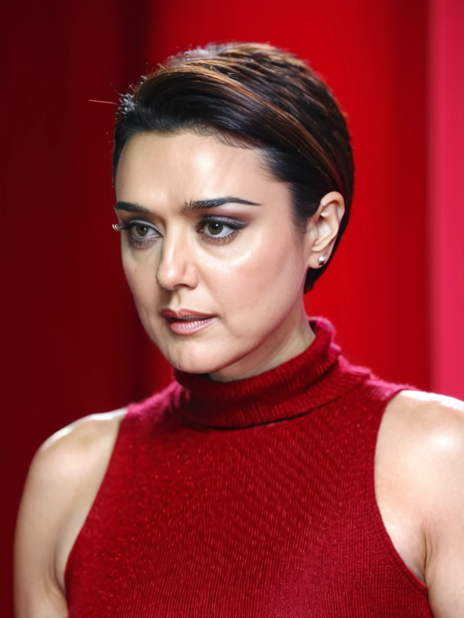 upper body photo of Preity Zinta woman, solo, pixie hair cut, serious look, looking at the camera,  Red sleeveless turtleneck, , contrasting background bokeh,   <lora:Preity_Zinta_SDXL_LoRA_prodigy_local_xformers_HNE-step00000750:1>