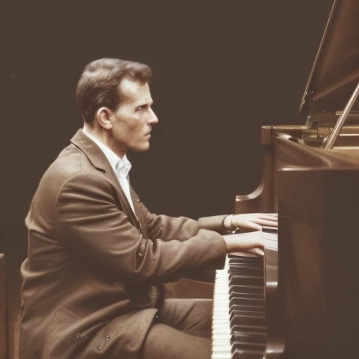 male focus, looking at viewer, brown theme, profile, simple background, jacket, formal, piano, instrument, table, pants, from side