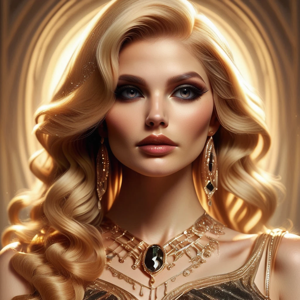 zpdxl2, RetroBG, woman, portrait, blonde hair, wavy hair, jewelry, earrings, elaborate, makeup, flawless skin, high fashion, glamorous, artistic, detailed, digital art, luxurious, fantasy, elegant, beauty, sophisticated, stylized, ethereal, soft lighting, modern, ornate, evening wear <lora:RetroLuxe World Morph - Pony:1>