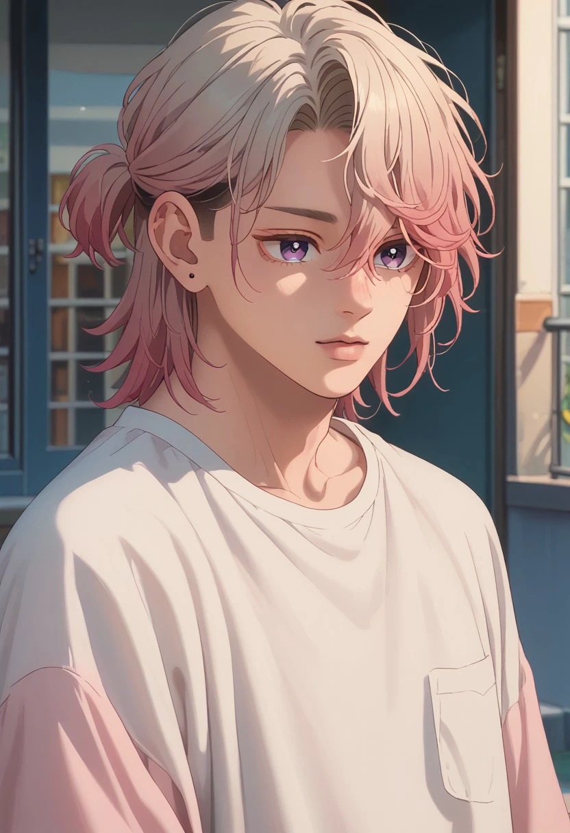 score_9, score_8_up, score_7_up, source_anime, rating_safe, Shinfection2, 1boy, male focus, anime screencap, pink gradient hair, light grey shirt,