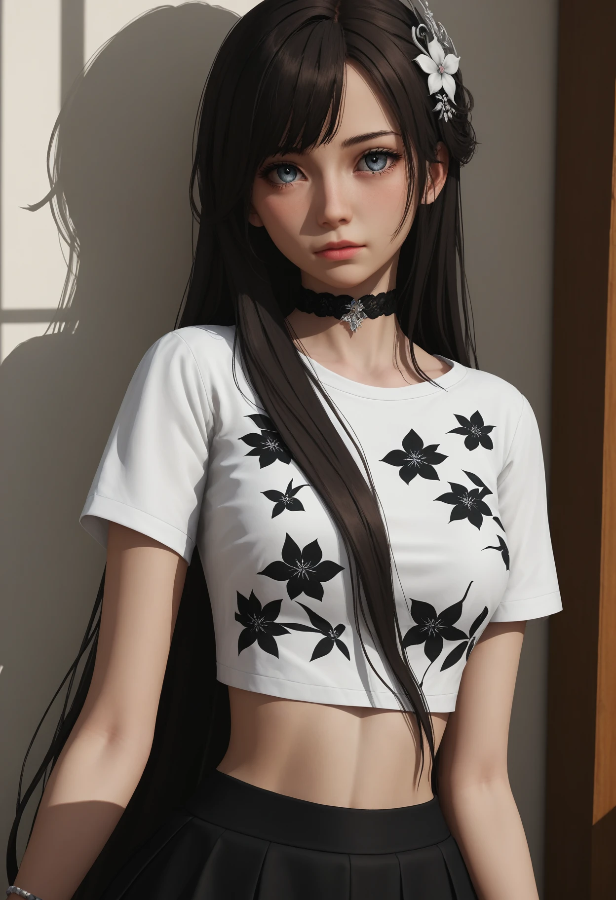 score_9, score_8_up, score_7_up,
1girl, solo, black skirt. crop top, white shirt, black floral print, short sleeves. hair ornament, very long hair. bracelet, black choker, indoors, shadow, dark,
 <lora:Dark_Annie_Pony_v1.0:0.75> d4rk4nn13,