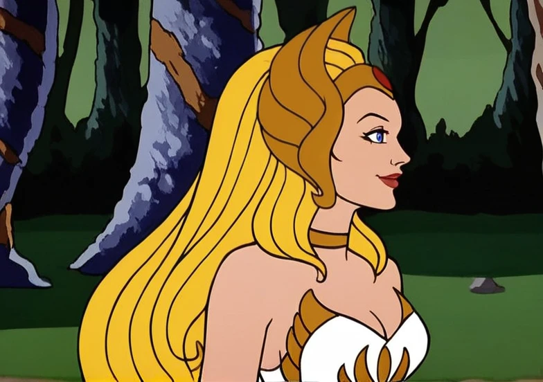 sh3ra, warrior princess, blonde hair, blue eyes, friendly smile, gold tiara, white dress, white skirt, gold armour, upper body,  <lora:She-Ra_Princess_of_Power_1987_-_Pony:0.8>, in a fantasy forest, side view