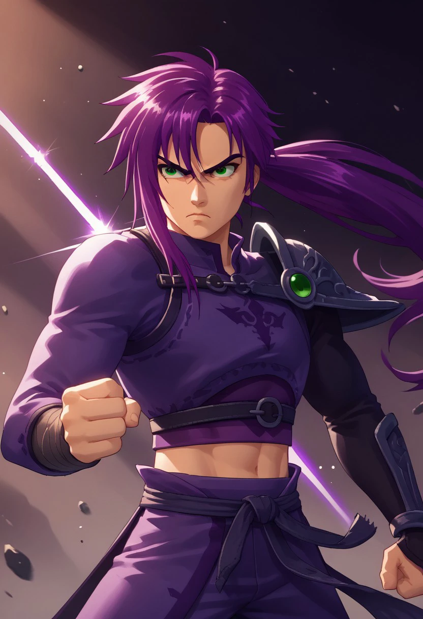 score 9, score 8, score 7, score 6, 1boy, solo, slashblade, shoulder armor, midriff, purple hair, green eyes, wrist wrap, source_anime, intense expression, sparkle, fighting stance, ponytail, abstract background, dynamic,