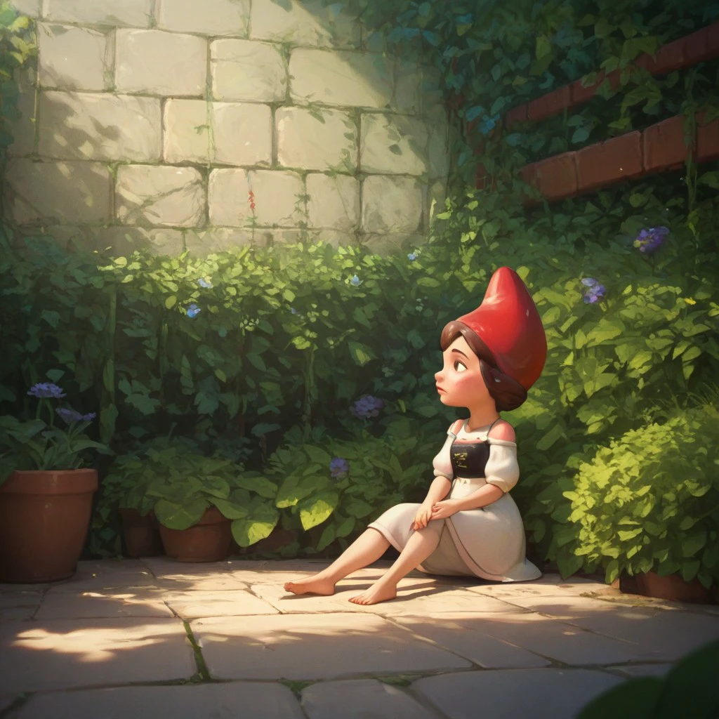 score_9, score_8_up, score_7_up, score_6_up, score_5_up, score_4_up, 1girl, JulietGnome, in a garden, hat, sitting on the ground, barefoot, exposed shoulder