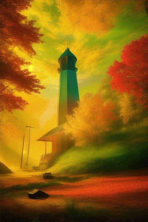 Big forest with yellow, green and red leaves at sunset, a small town with a church and a radio tower in the background, fantasy, professional canvas, triadic colors, deep color, volumetric lighting, shading with dark edges, richly detailed, matte background, style octane render, complex drawing