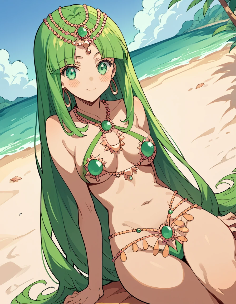 score_9, score_8_up, score_7_up, source_anime, <lora:junjun-eternal-movie1-ponyxl-lora-nochekaiser:1>, junjun, long hair, green eyes, green hair,, <lora:venus-bikini-ponyxl-lora-nochekaiser:1>, venus bikini, fortune bikini, naked jewelry, navel,, beach, sitting, smile, blush,, , cowboy shot, dutch angle
