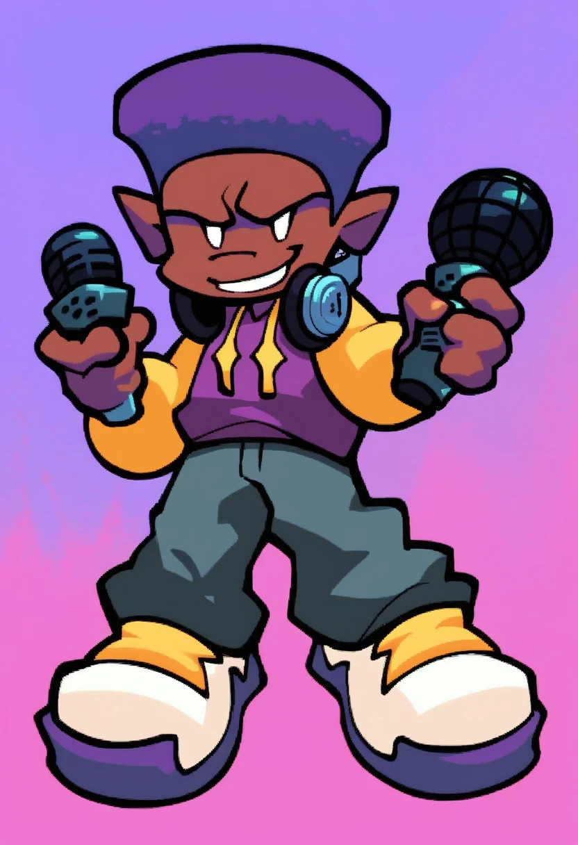 darnell, solo, smile, simple background, 1boy, holding, standing, full body, male focus, shoes, pointy ears, pants, headphones, white footwear, microphone, purple headwear, headphones around neck, dark skinned