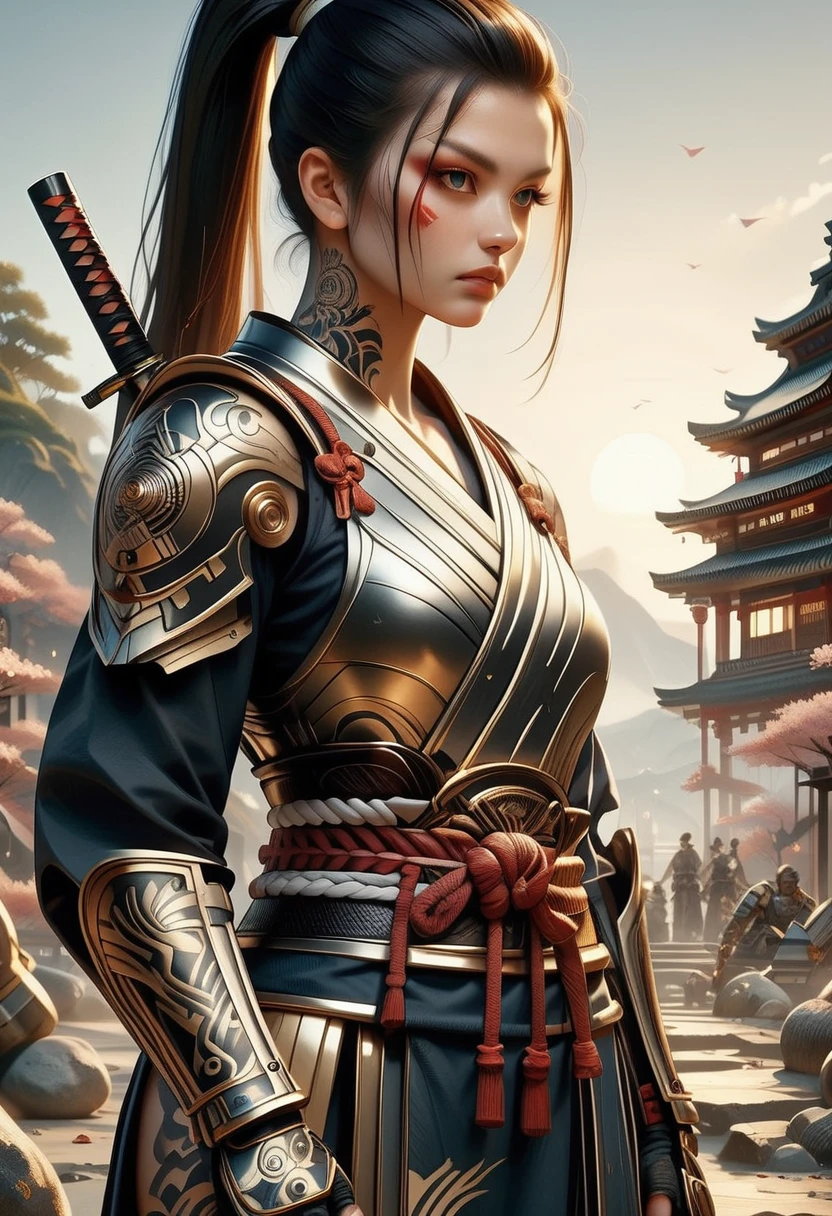 score_9, score_8_up, score_7_up, score_6_up, score_5_up, score_4_up, vivid lighting, samurai woman in RetroBG armor standing in a battlefield,armor,ponytail,japanese,fantasy,solo focus,epic,tattoos <lora:t4tsXLP:0.8> t4ts,  <lora:RetroLuxe World Morph - Pony:1>