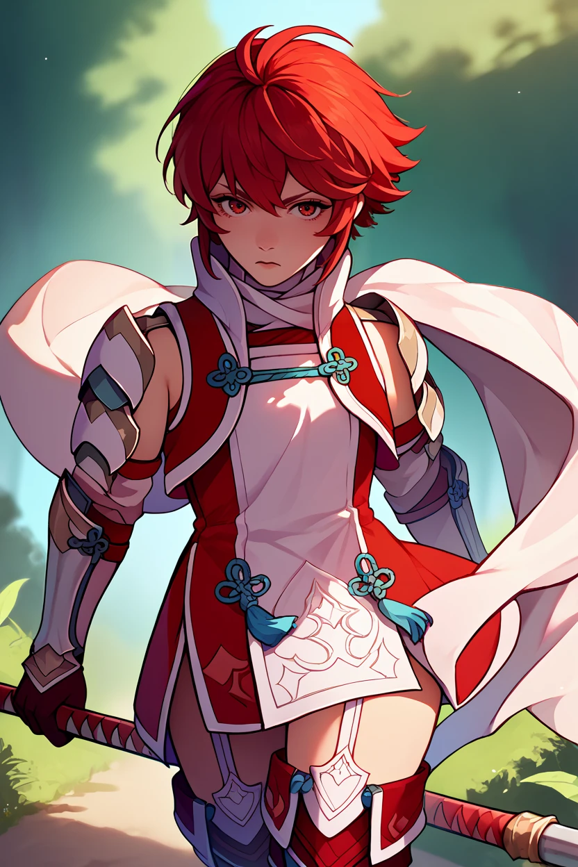 score_9, score_8_up, score_7_up, score_6_up, source_anime, 1girl, solo, <lora:fehinoka-pdxl-nvwls-v1-000006:1> hinoka, red hair, red eyes, short hair, white scarf, red and white dress, shoulder armor, gauntlets, red gloves, garter straps, red thighhighs, thigh boots, holding polearm, polearm, walking, forest, looking at you, serious