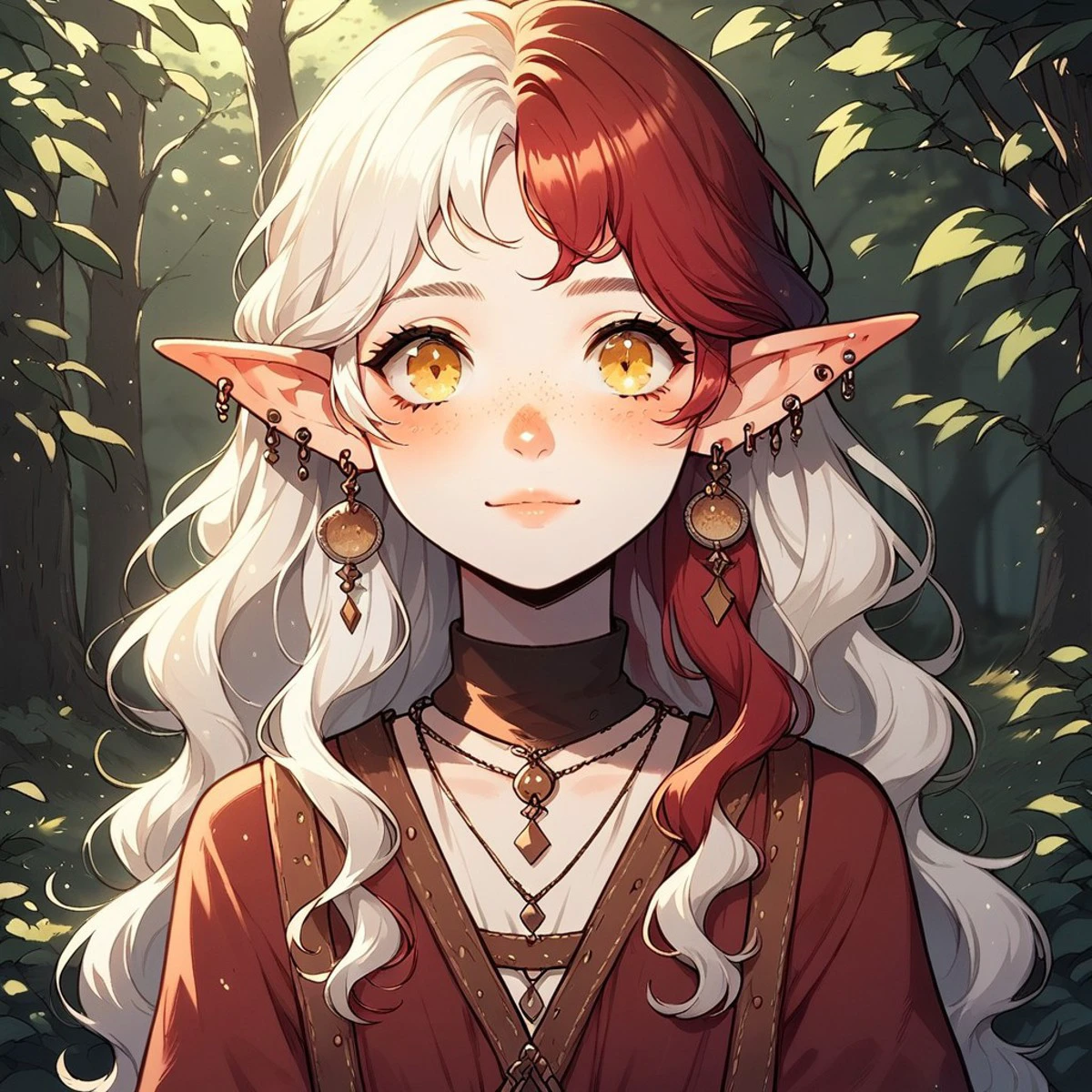 score_9, score_8_up, score_7_up, 1girl, Halfling, small female, white skin, freckles, wavy hair, long hair, multicolored hair, red hair, split-color hair, white hair,  long ears,  pointed ears, a lot of piercing on ears, earings on ears, kind eyes, charismatic eyes, yellow eyes, smilling, gypsy red dress, soft lighting, cute face, round face, soft shadows, tiny woman,  forest background, legs, full body, Upper angle, dutch angle,