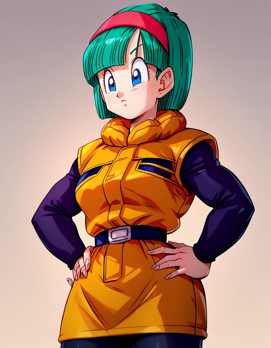 zPDXL, anime_source, 
bulmaxl, 1girl, solo,  
cowboy shot, black tights, hands on hips, red hairband, medium length hair, space jacket,
<lora:bulmaxl4-000003:1>  ,