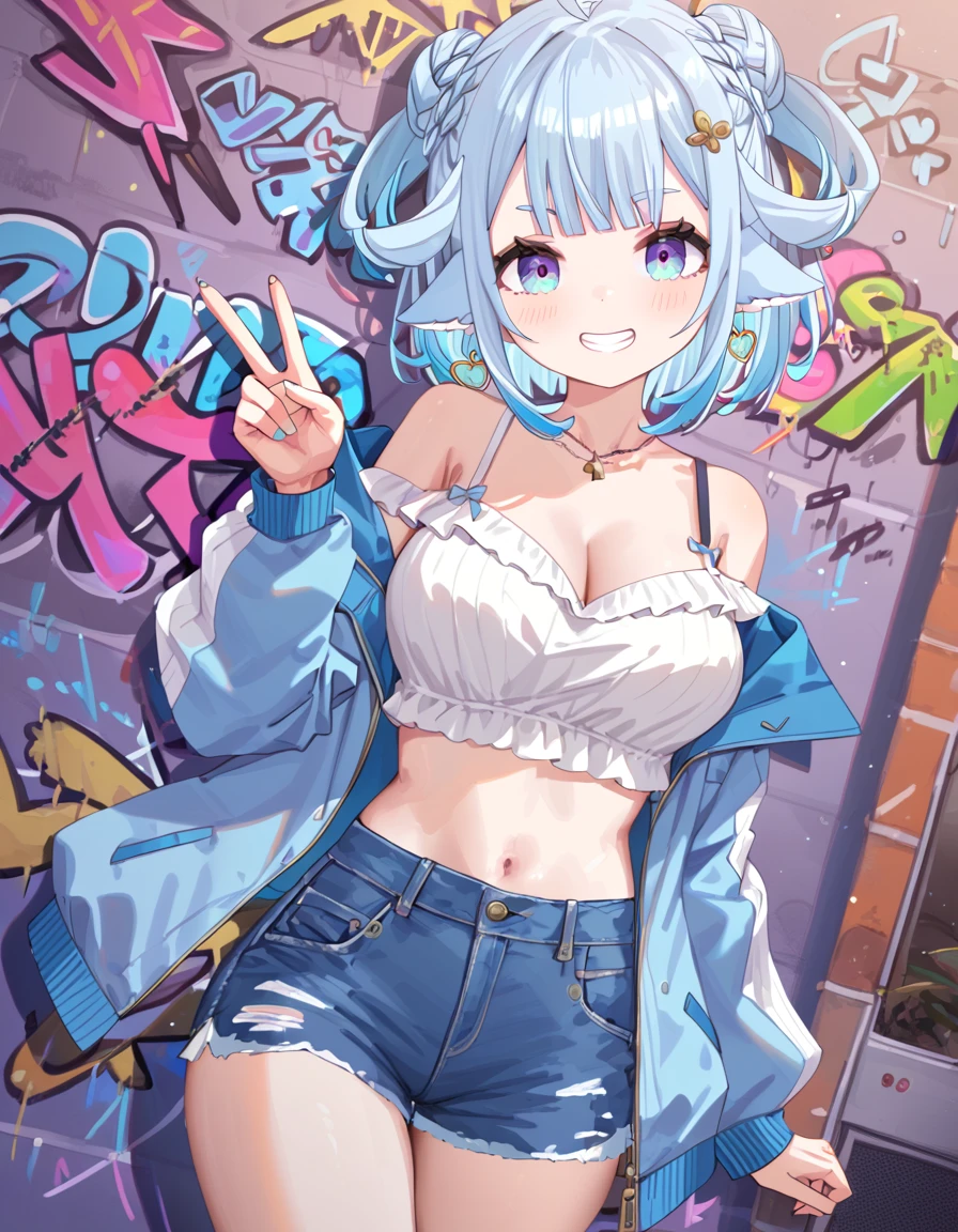 score_9_up, score_8_up, score_7_up, score_6_up, 1girl, (MinaiAruma:1.1), cleavage,
grin, (v over eye:1.1), (graffiti:1.5) crop top, off shoulder, denim jacket, denim shorts, crystal earrings, hair ornament, dynamic pose, looking at viewer, graffiti, popular style, wide_shot, dutch angle, foreshortening,
<lora:MinaiArumaXL_autismmixPony:1>, masterpiece, newest, absurdres