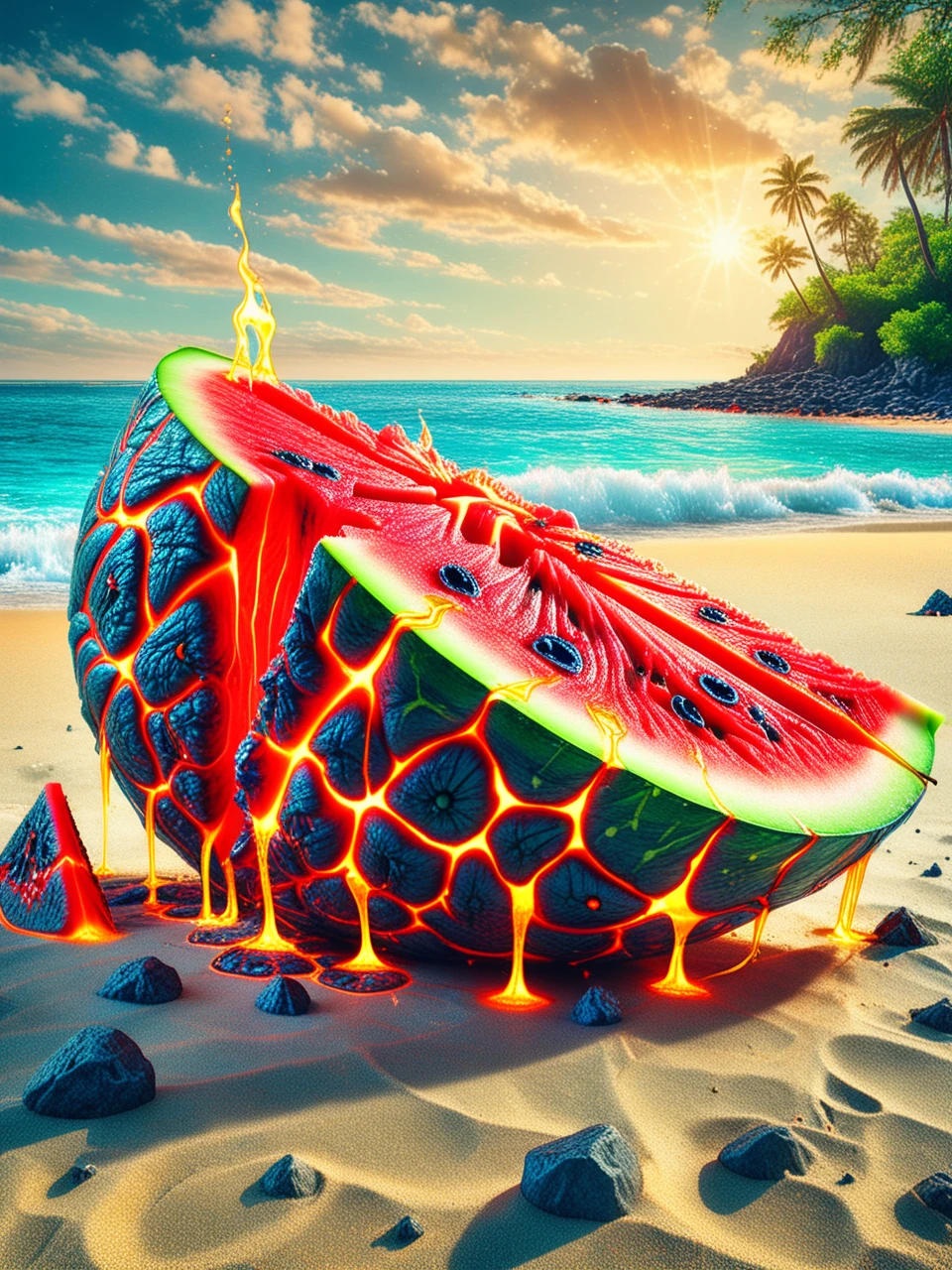 tasty lavamade watermelon on a sunny sand beach with blue sea behind, ultra high res, 8k RAW photo, ink punk style, reflections, in the style of John Berkey