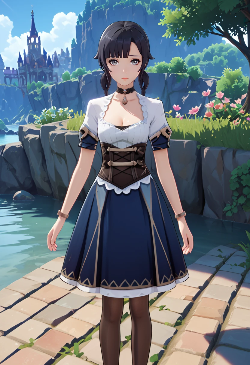 score_9, score_8_up, score_7_up, score_6_up, score_5_up, 1girl, <lora:Genshin_Mondstadt_Girls:0.9> MondstadtGirls, source genshin impact, blue dress, cleavage, choker, corset, pantyhose, mary janes, white skin, black hair, twintails, asymmetrical bangs, grey eyes, sad, bracelet, sexy, female focus, fantasy, expressive, skindentation, skinny, 1female, masterpiece, 32K HD, beautiful attention to detail, detailed eyes, shiny skin, showing lots of skin, wide lens, perfect hands, perfect eyes, ((2d)), anime, source anime, flat shadows, flat colors, looking at viewer, zPDXL2, zPDXLxxx, standing, clothed female, uncensored , ((feet out of frame)), outdoors