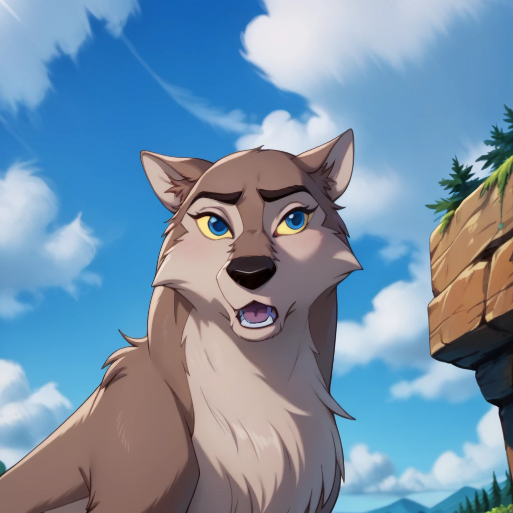 score_9, score_8_up, score_7_up, score_6_up, score_5_up, score_4_up,  <lora:Aleu:1>, <lora:RealisticAnime:1>, aleu, open mouth, blue eyes, outdoors, sky, day, blue sky, no humans, colored sclera, dog, animal focus, animalization, 1girl, wolf, animal, body fur, two tone fur, yellow sclera