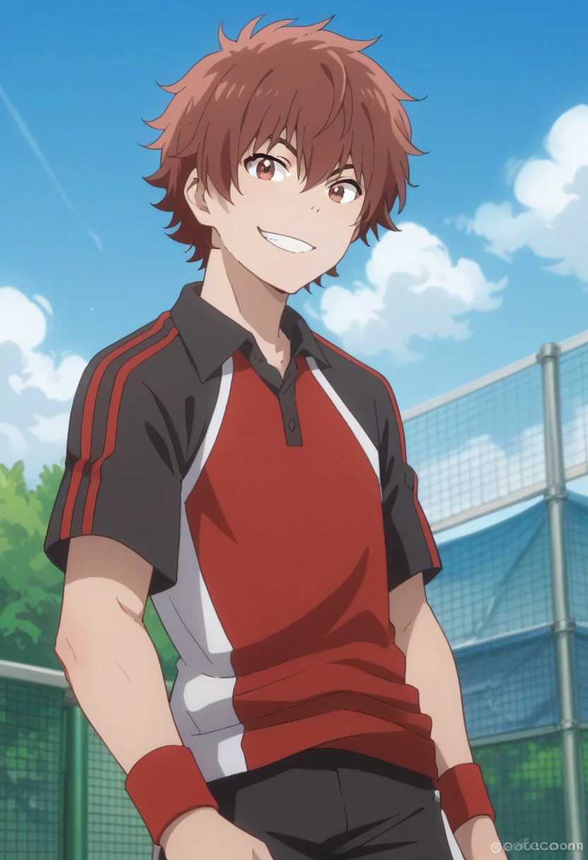 score_9, score_8_up, score_7_up, source_anime, highly detailed, 
arashi, 1boy, male focus, solo, brown eyes, brown hair, smile, looking at viewer, shorts, black shorts, sportwear, tennis uniform, shirt, raglan sleeves, black shirt, red shirt, wristband,
outdoor, sky,