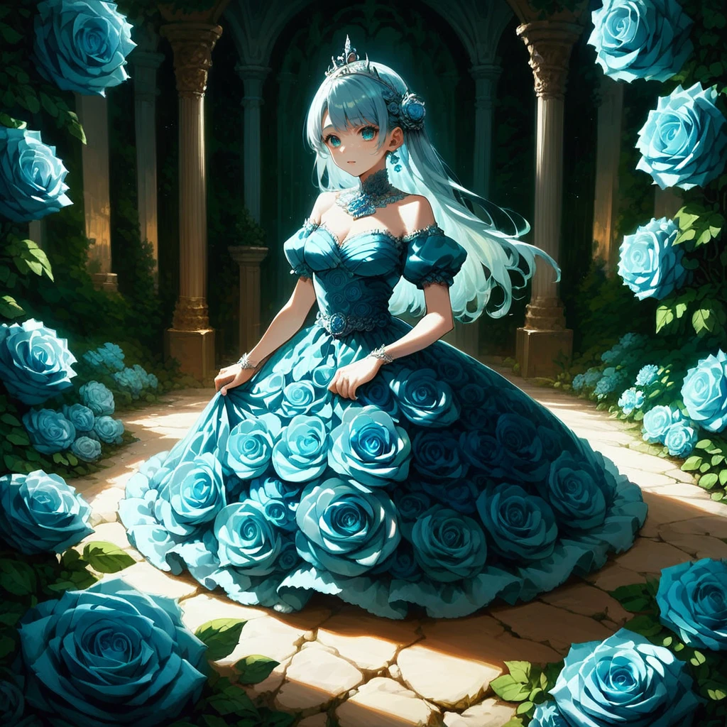 score_9, score_8_up, score_7_up, score_6_up, absurdres, rating_safe, source_anime, illustration, 4K, ultra detailed, intricate detail, 1girl, blue rose dress, princess, Blue_Rose, <lora:Blue_Rose:1>