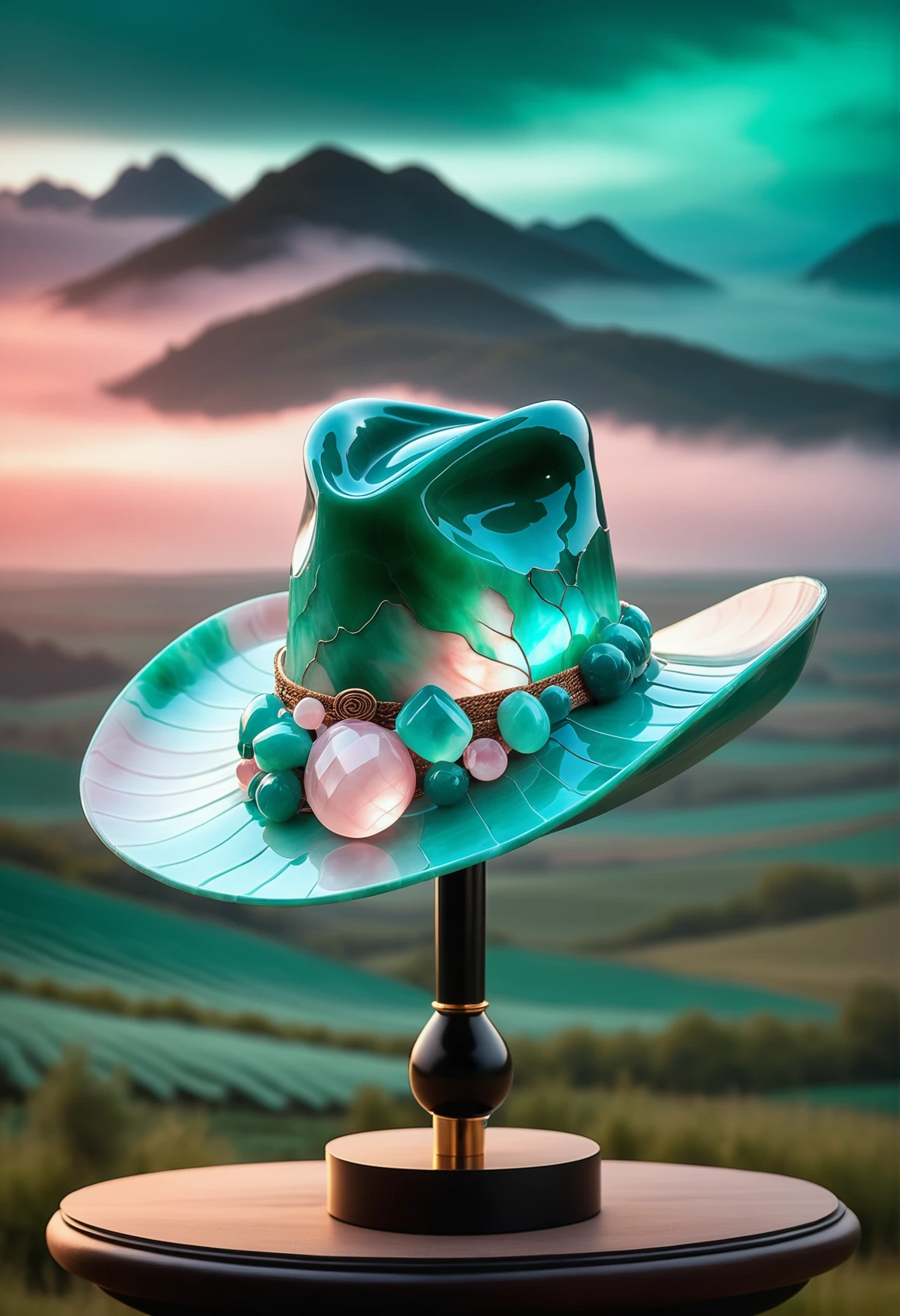 a Haute Couture hat on a hat stand made out of reij-rsqrtzjd <lora:rosequartzjade-000007:1>, Tattoo ink of a masterpiece, landscape of a Verdant Fields of the Harvest Festival, digital manipulation, flowing, highly decorated, intense, ambient atmosphere, stunning