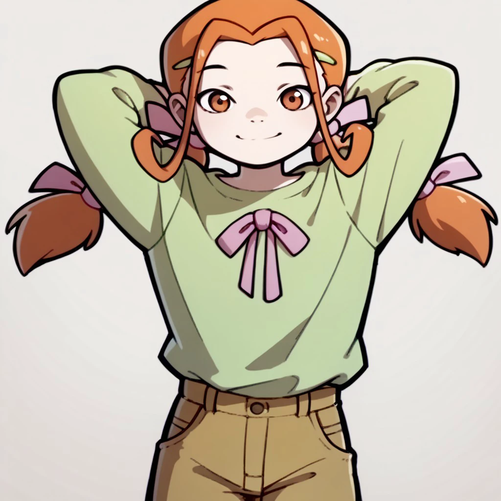 score_9, score_8_up, score_7_up BREAK ElenaPotato, 1girl, orange hair, orange eyes, light green hair clips, pigtails, pink pigtail bows, long-sleeved green shirt with pink ribbon, cargo pants, cowboy shot, smiling at viewer, hands behind head,