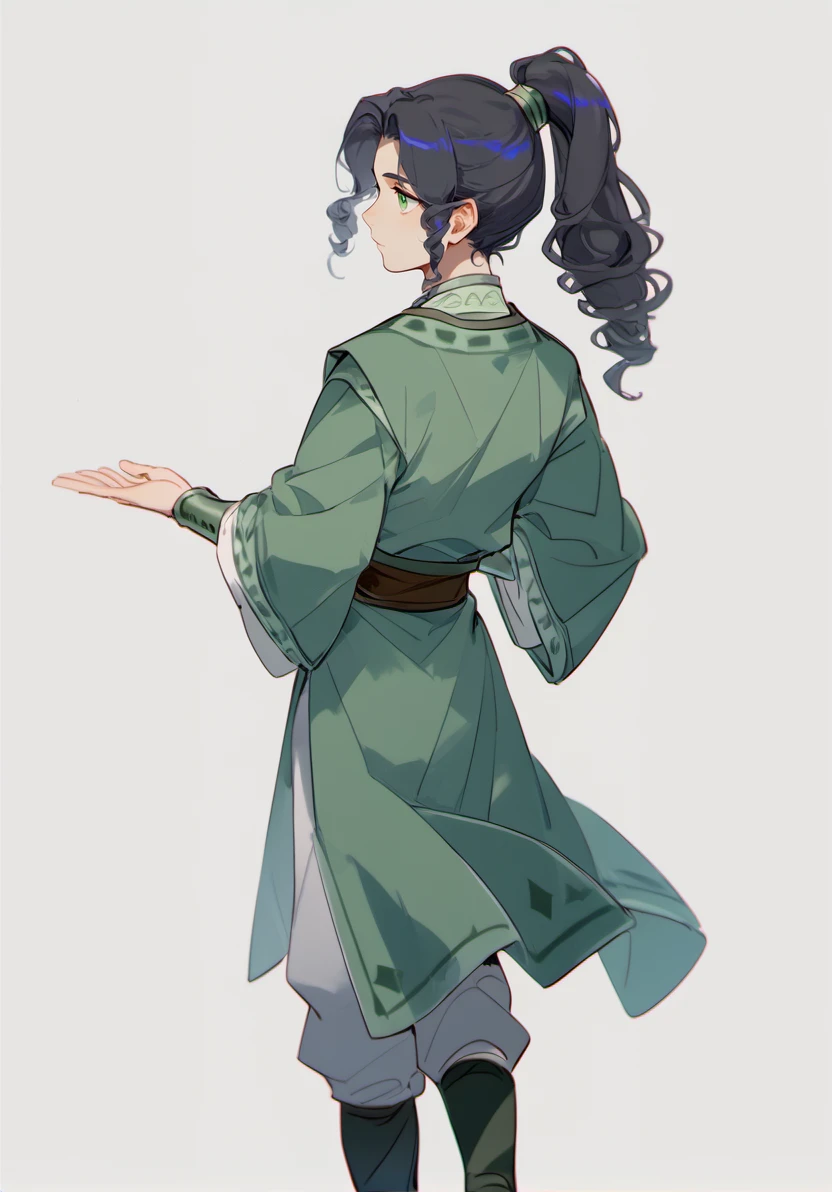 score_9, score_8_up, score_7_up, masterpiece, best quality, 1boy, solo, yong boy,  <lora:MaiLanPony:1>  meilan, green hanfu, ponytail, black hair,  green eyes,   full body, from behind