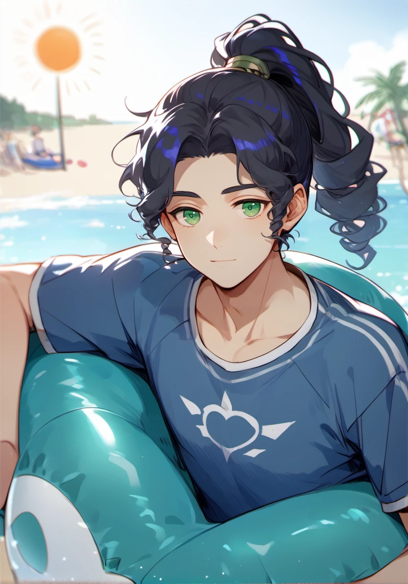 score_9, score_8_up, score_7_up, masterpiece, best quality, 1boy, solo, yong boy,  <lora:MaiLanPony:1>  meilan, ponytail, black hair,  green eyes,   upper body,blue t-shirt, swimming trunks, beach, sun, inflatable ball