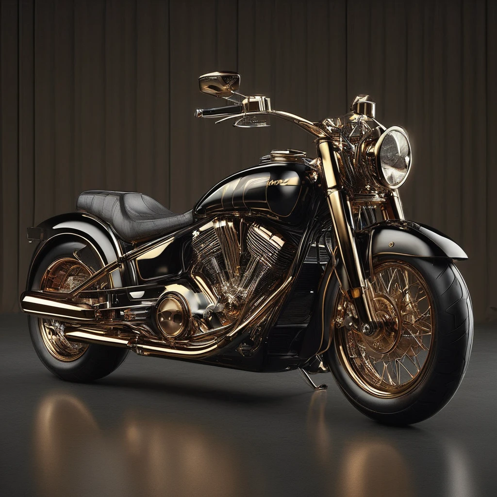 RetroBG motorcycle with an aerodynamic design, featuring golden lights and a glossy black exterior. Elegant curves and streamlined shapes. high resolution, photorealistic product photography, highly detailed, volumetric lighting, providing a full view of the vehicle <lora:RetroLuxe World Morph:1>