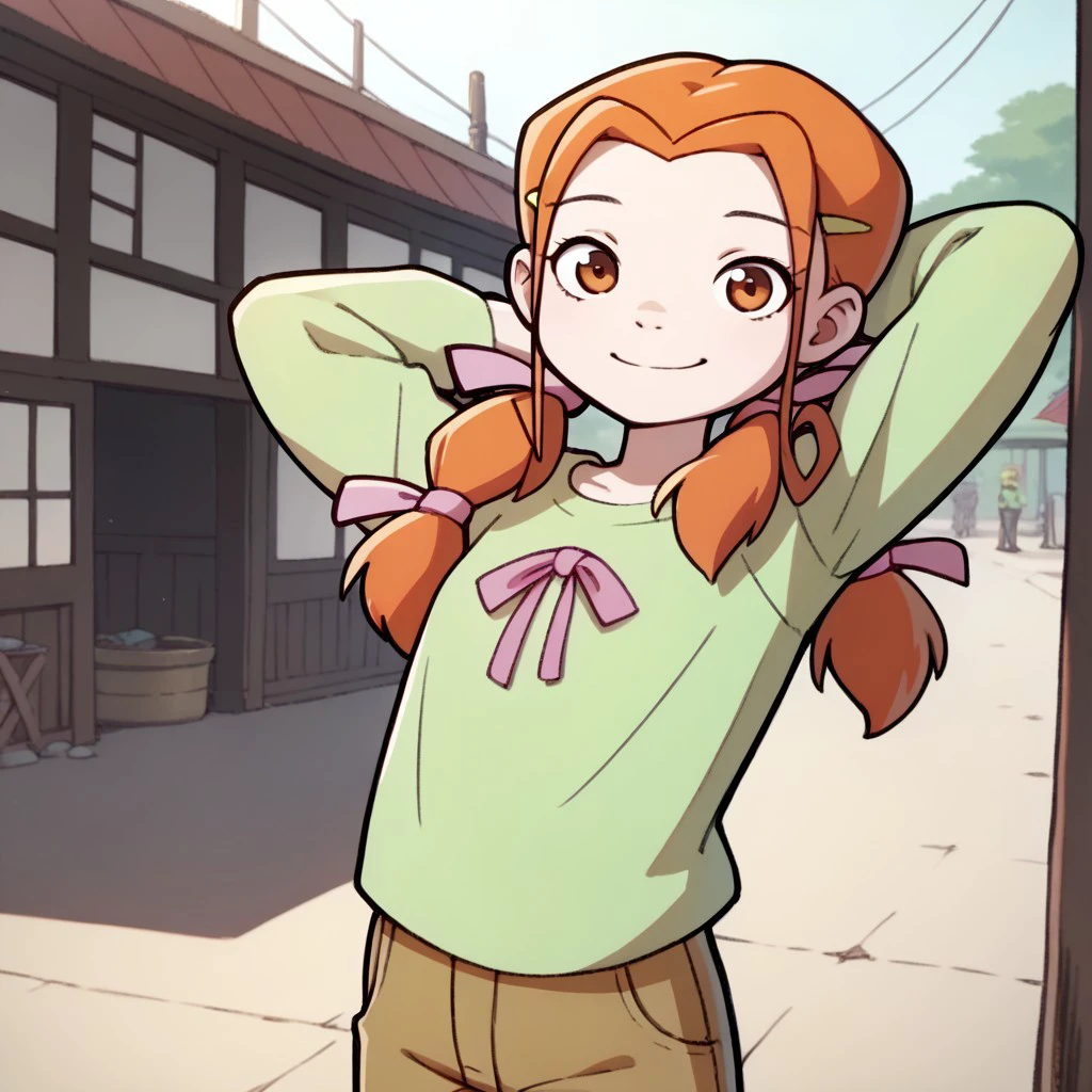 score_9, score_8_up, score_7_up BREAK ElenaPotato, 1girl, orange hair, orange eyes, light green hair clips, pigtails, pink pigtail bows, long-sleeved green shirt with pink ribbon, cargo pants, cowboy shot, smiling at viewer, hands behind head,
