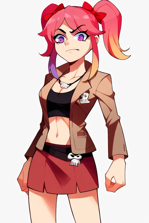 2D, score_9, score_8_up, score_7_up, BREAK, 1girl, Saiko Bichitaru, Pink Hair, Purple Eyes, pigtails, red ribbons,brown jacket, black croptop, red skirt, skull necklace<lora:EMS-425994-EMS:1.000000>, <lora:EMS-402398-EMS:1.000000>