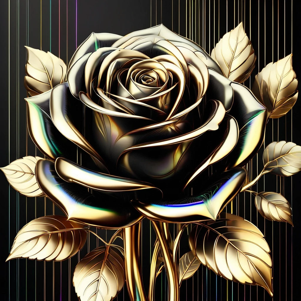 RetroBG, digitally enhanced gold and black rose, iridescent sheen, rainbow colors, petals, varying sizes, ornamental, luxurious, artistic, floral beauty, natural elements, opulence, high resolution, digital art, visual aesthetics, contemporary design, vibrant colors, reflective surfaces, artistic composition, high contrast, elegant, intricate detailing, modern, futuristic <lora:RetroLuxe World Morph:1>