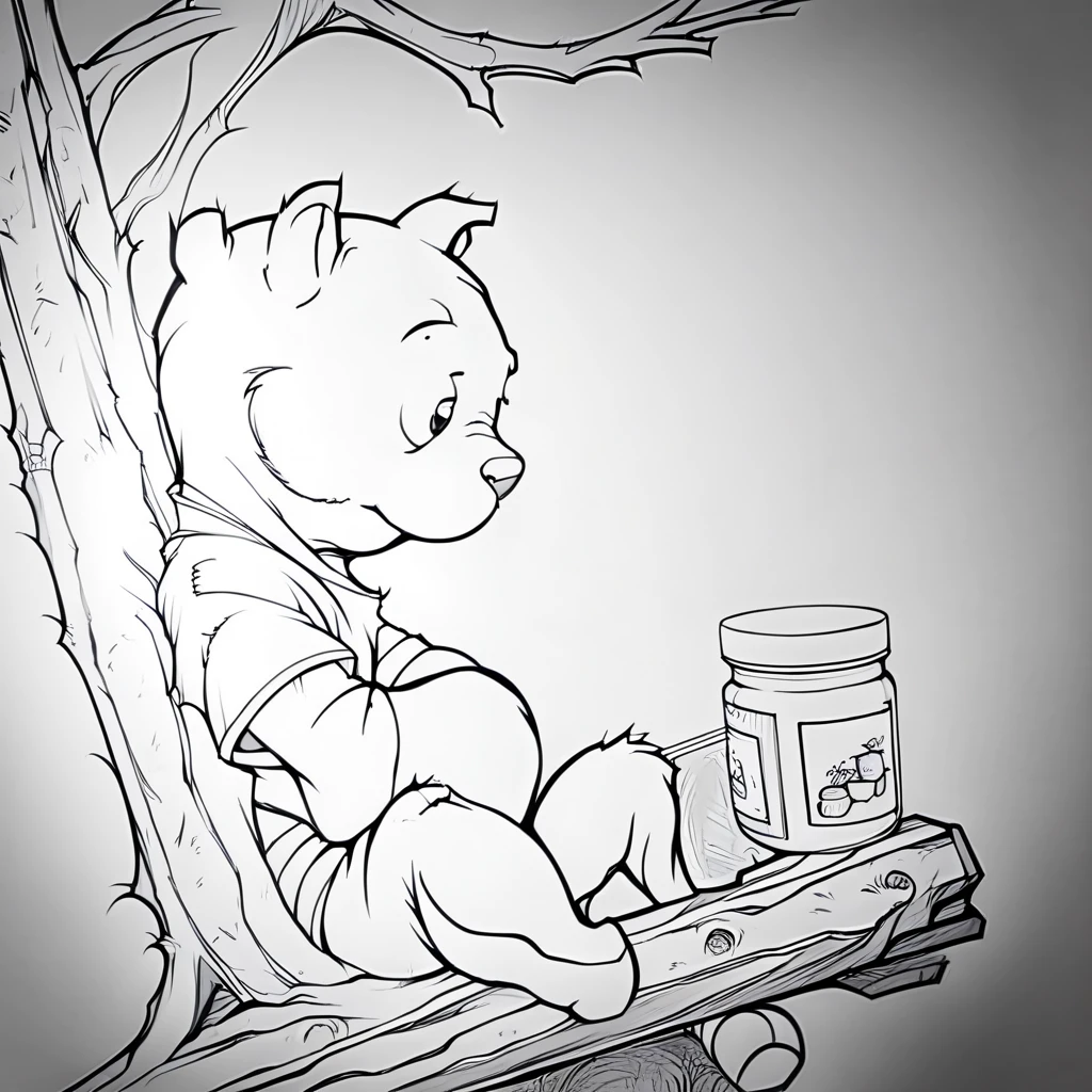 Winnie the Pooh sitting in a treehouse, red shirt, jars of honey, disheveled fur, solo, dutch angle, (close up:1.2), evang