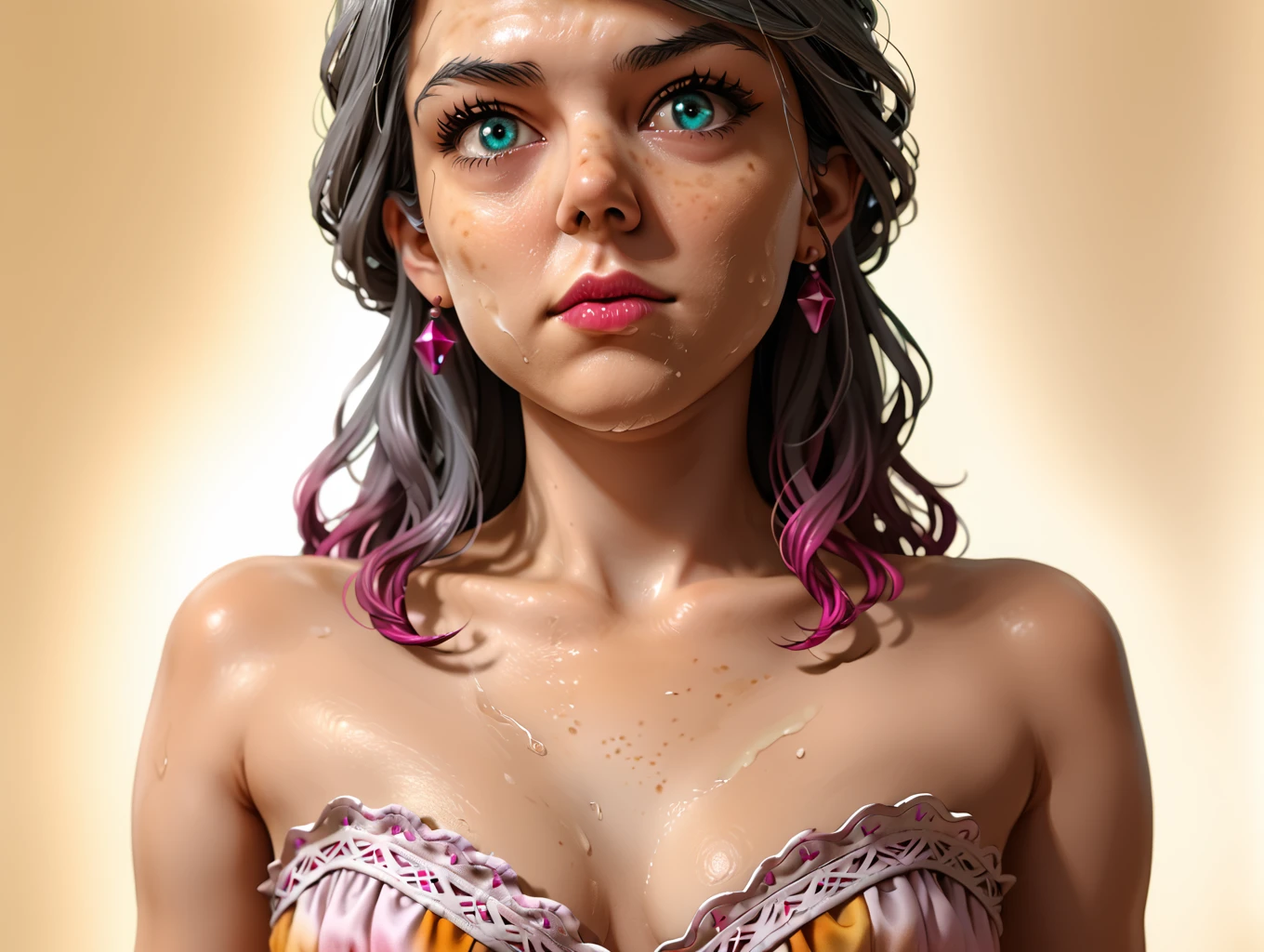 <lora:VeeXL2:1>,1girl,refraction,contour_deepening,chromatic_aberration,bokeh,film grain,[wrinkled skin],body blush,detailed crease,gradient hair,wearing Strapless dresses, Woman, Short, Firm, Diamond-Shaped Face, Dark Skin, Gray Hair, teal Eyes, Narrow Nose, Pouty Lips, Round Chin, Long Hair, Thick Hair, Low Updo, saggy breasts, , magenta velvet lipstick,foreshortening,dynamic_angle,Expressionless: A face that reveals no emotion maintaining a neutral appearance.,powder,<lora:DustPonyXL:1>,dustponyxl,dust,dust cloud,