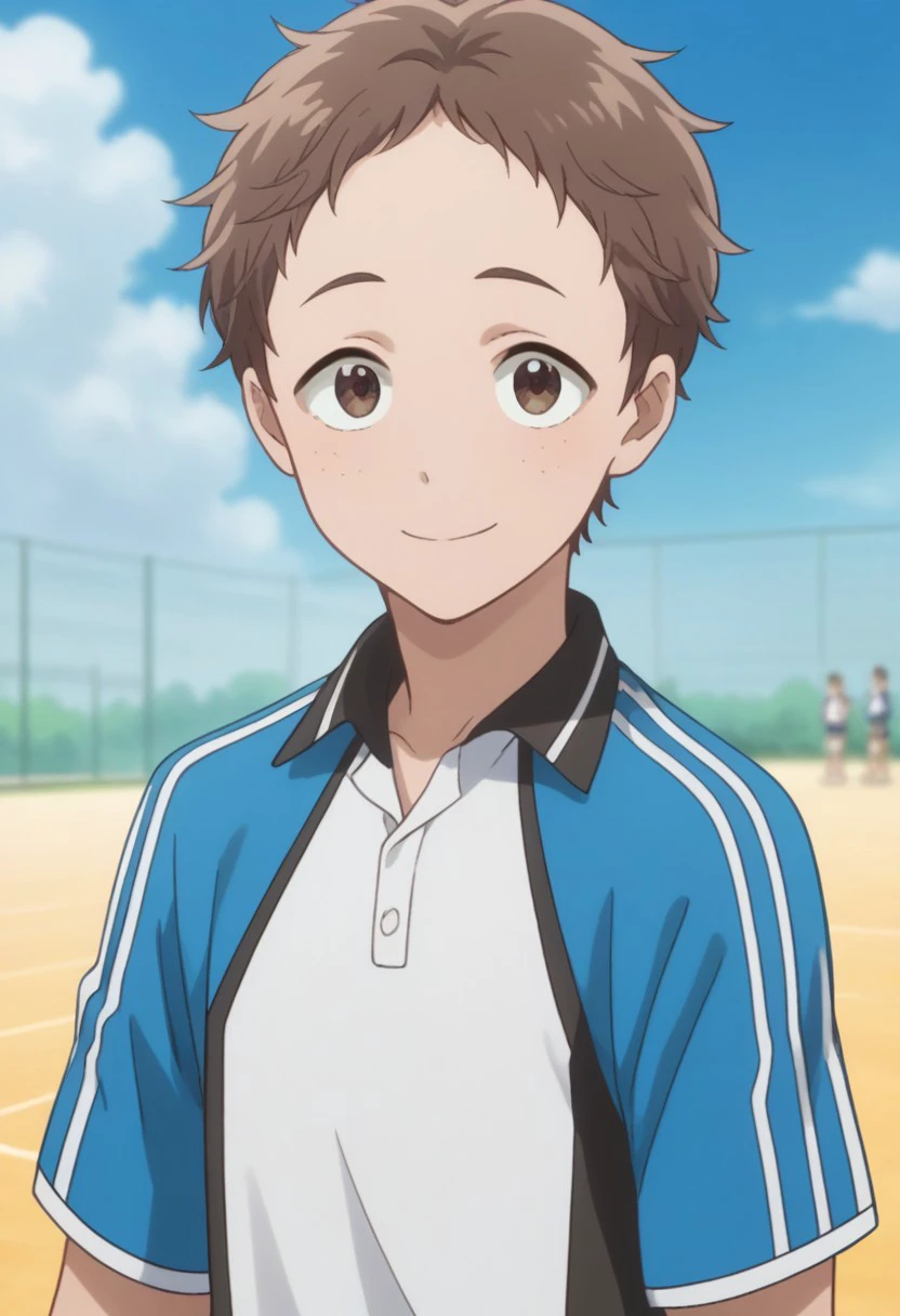 score_9, score_8_up, score_7_up, source_anime, highly detailed, 
taiyo, 1boy, male focus, brown hair, solo, upper body, brown eyes, freckles, shorts, sportswear, standing, smile,  looking at viewer, tennis uniform, raglan sleeves, white shirt,  blue shirt,
outdoor, sky,