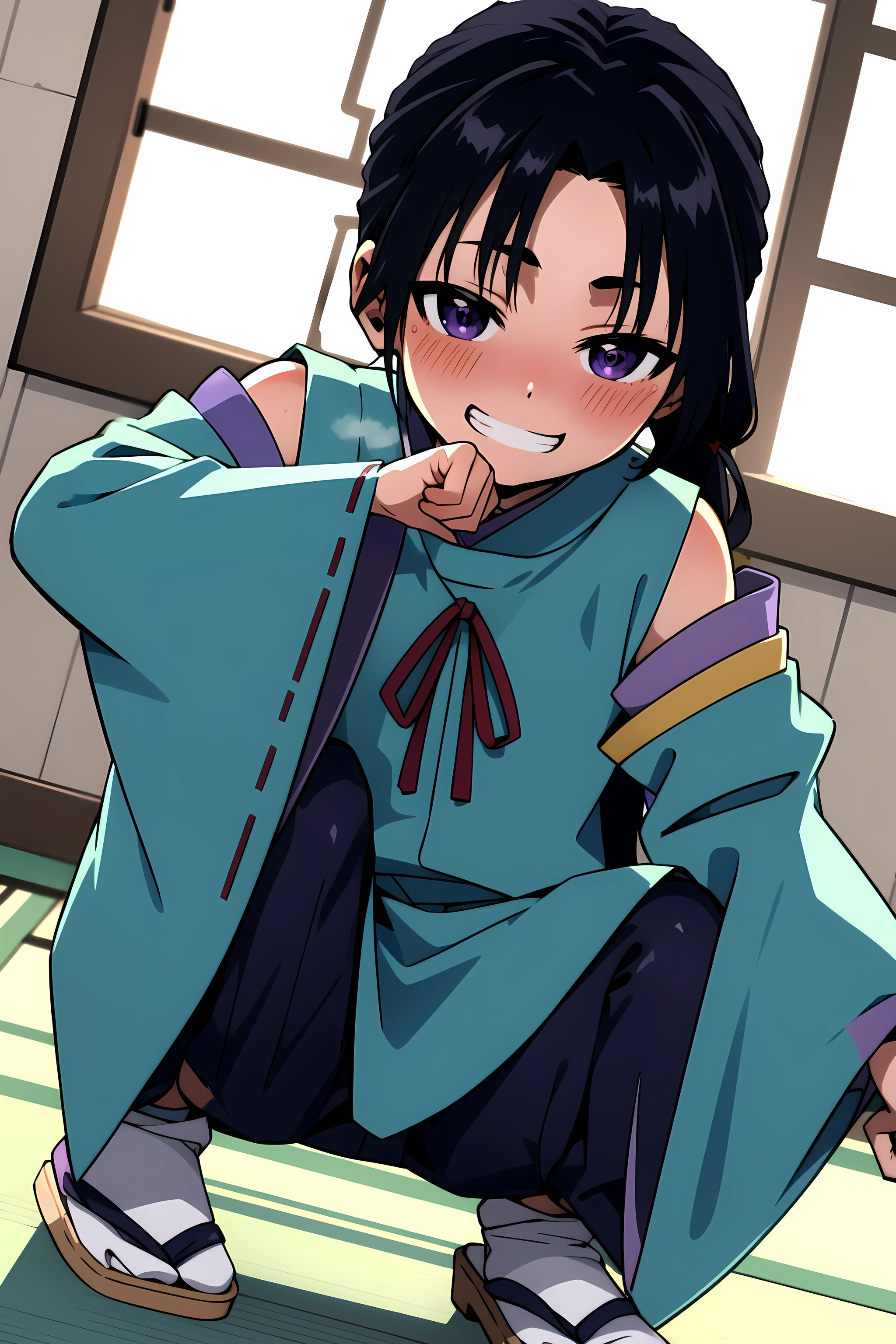 masterpiece, best quality, HojoTokiyuki, 1boy, perfect lighting,cute pose,grin,blush,young boy,solo,spead legs,squatting,half closed eyes,male focus,cute, black hair, aqua japanese clothes,long hair, purple eyes, pose,wide sleeves, blue pants,ribbon trim,very long hair, ponytail,sheathed, bangs, sheath,indoors,<lora:Hojo Tokiyuki:0.75>