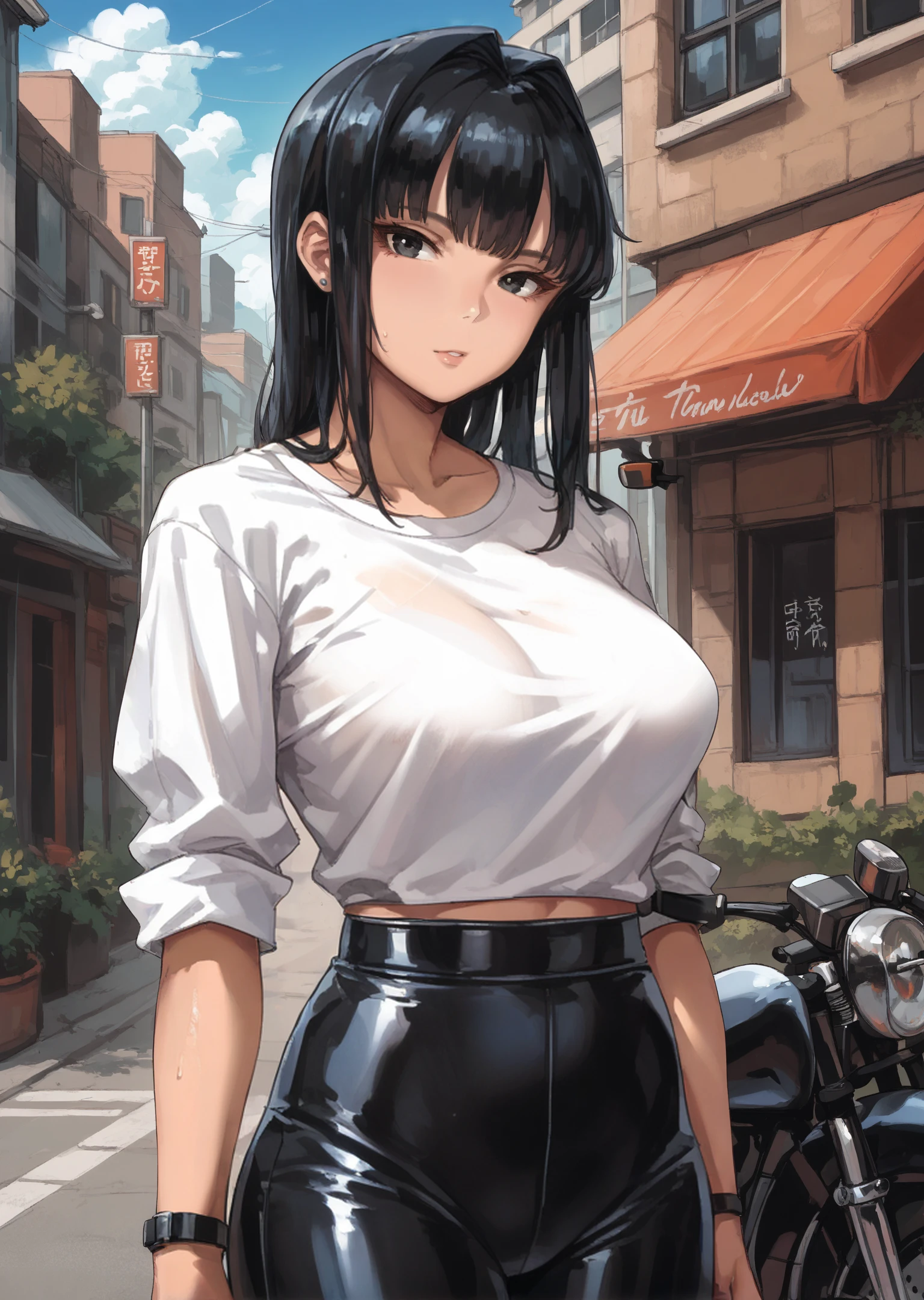 naokolynus,1girl,large breasts,black hair,bangs,long hair,black eyes,solo,biker clothes,outdoor,street,<lora:NaokoLynusPony:0.8>,score_9,score_8_up,score_7_up,score_6_up,score_5_up,<lora:add-detail-xl:0.3>,<lora:Perfect Hands:1>,