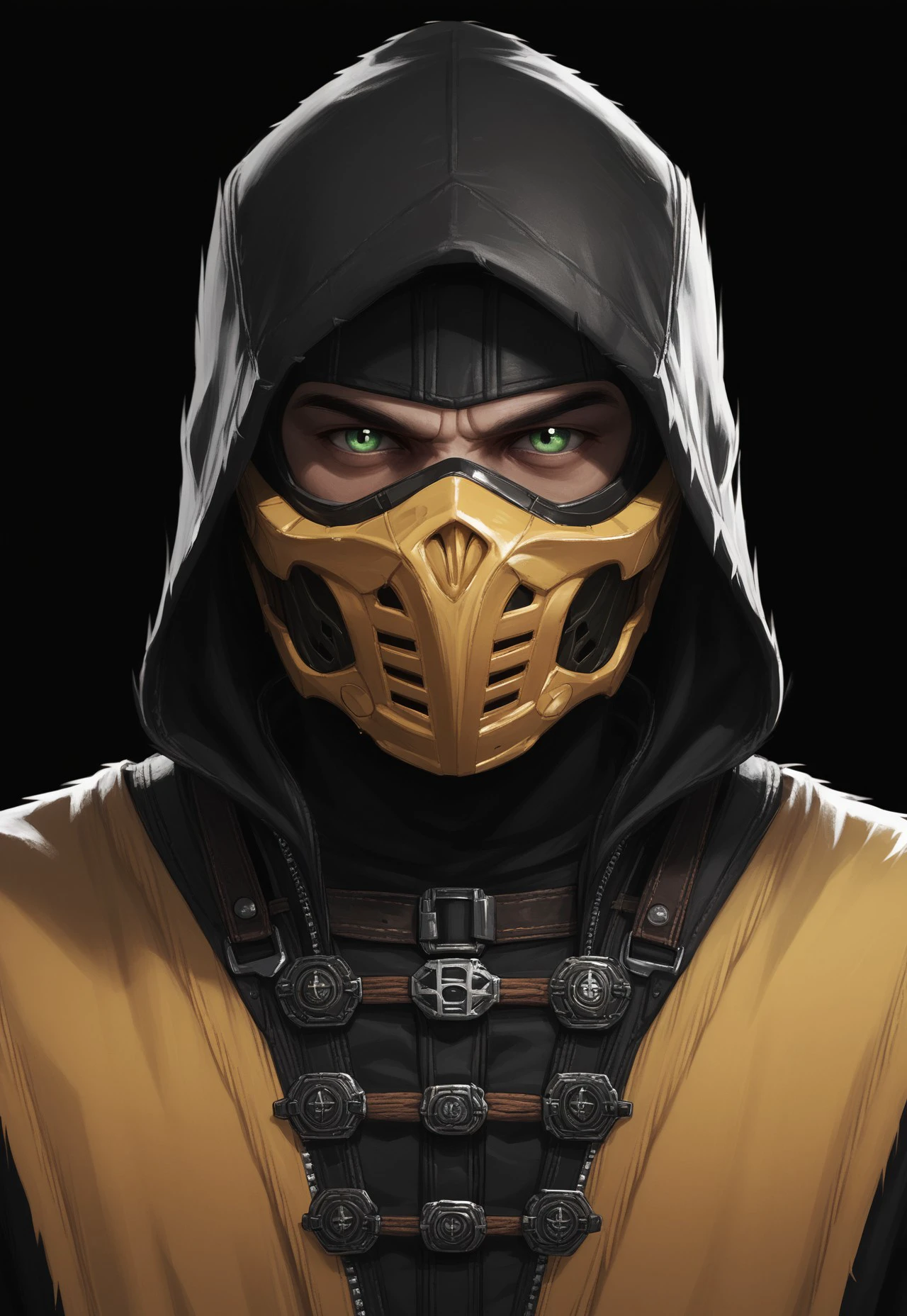 Mortal Kombat Style, solo, looking at viewer, simple background, 1boy, green eyes, upper body, male focus, hood, mask, black background, hood up, mouth mask BREAK ,score_9, score_8_up, score_7_up, score_6_up, score_5_up, score_4_up,