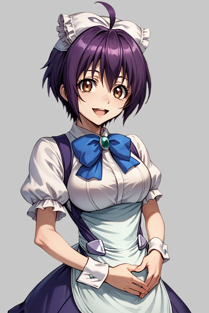 score_9, score_8_up, score_7_up, source_anime BREAK 1girl, solo, crossange_momoka, cowboy shot, maid, hair bow, apron, blue bow tie, purple skirt, puffy short sleeves, wrist cuffs, white pantyhose, purple hair, short hair, ahoge, bangs, brown eyes, looking at you, smile, open mouth, hands on own stomach, simple background <lora:crossange_momoka:1>