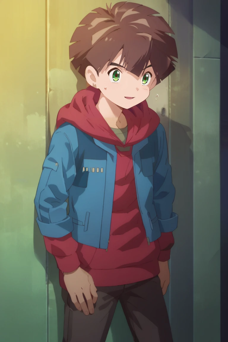 score_9, score_8_up, score_7_up, score_6_up, detailed, intricate details,best quality ,source_anime, cowboy shot,
hiro amanokawa, brown hair, green eyes, blue jacket, open jacket, red hoodie, 1boy, male focus, solo, bag, sweatdrop, shoes, anime coloring, jacket, open mouth, black pants, sneakers, smile, backpack<lora:EMS-421264-EMS:1.000000>