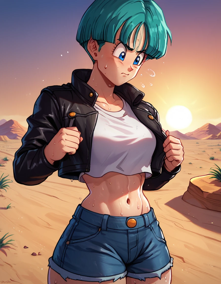 zPDXL
bulmaxl, 1girl, solo, 
leather jacket, open jacket, crop top, navel, denim shorts, desert, sun, road, sweat, sweatdrop, 
<lora:bulmaxl4-000003:0.7>  ,