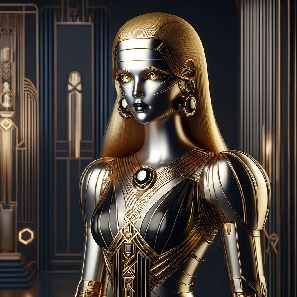 RetroBG, an art deco, futuristic female android, with long golden hair <lora:RetroLuxe World Morph:1>