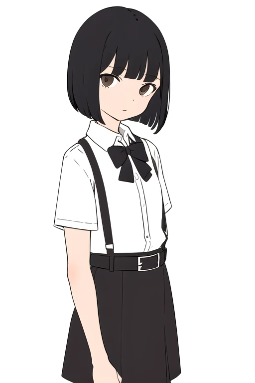 (flat color:1.25), limited palette, simple background, 

1girl, 
black hair, brown eyes,
bob cut, bangs, blunt bangs,

white shirt, collared shirt, black bowtie, short sleeves, 

suspender skirt, black skirt, brown belt, buttons,