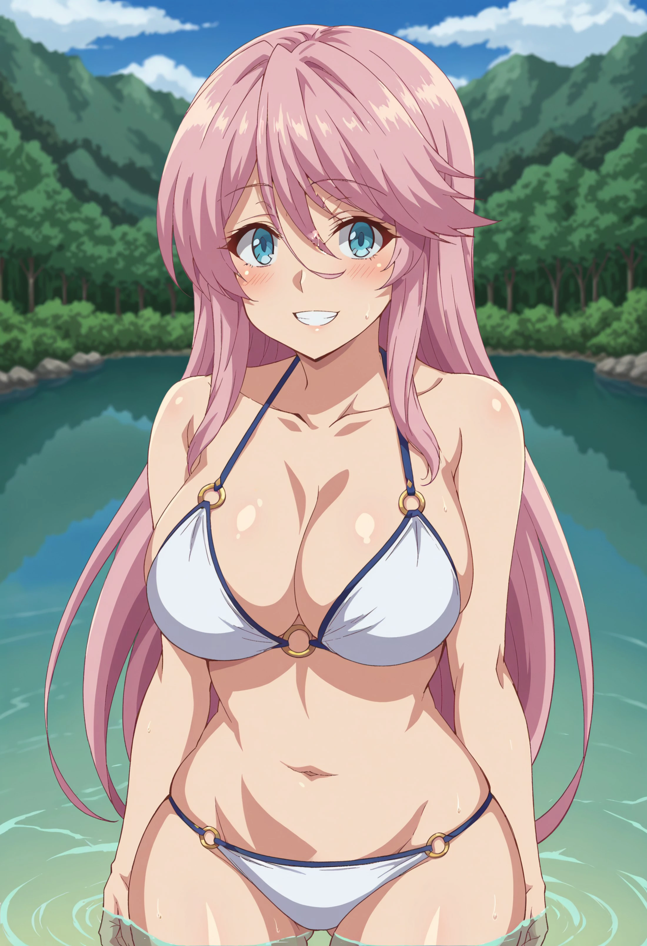 EBFreia, 1girl, solo, long hair, looking at viewer, blush, blue eyes, large breasts, thick thighs, hair between eyes, open mouth, collarbone, upper body, pink hair, smile, grin, standing, partially submerged, lake, on lake, day, forest, bikini, white bikini, o-ring bikini, cowboy shot, 
<lora:Freia:0.8>, <lora:xl_more_art-full_v1:0.8>