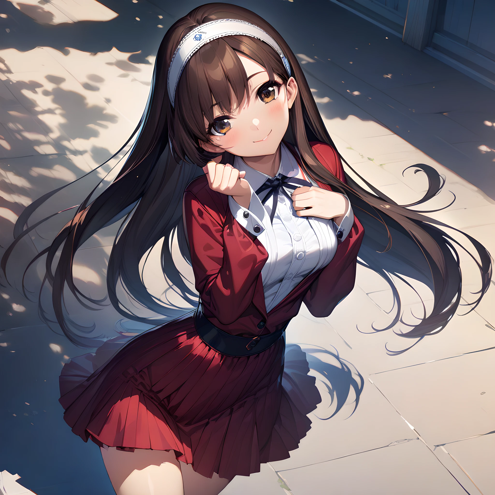 (masterpiece),(best quality),(ultra-detailed),(best illustration),(best shadow),(absurdres),(detailed background),(very aesthetic),yuki_morikawa, brown hair, brown eyes, long hair, hairband, white dress, red jacket, red skirt, white thighhigh, smile, cowboy shot <lora:XL-YukiMorikawa:1>