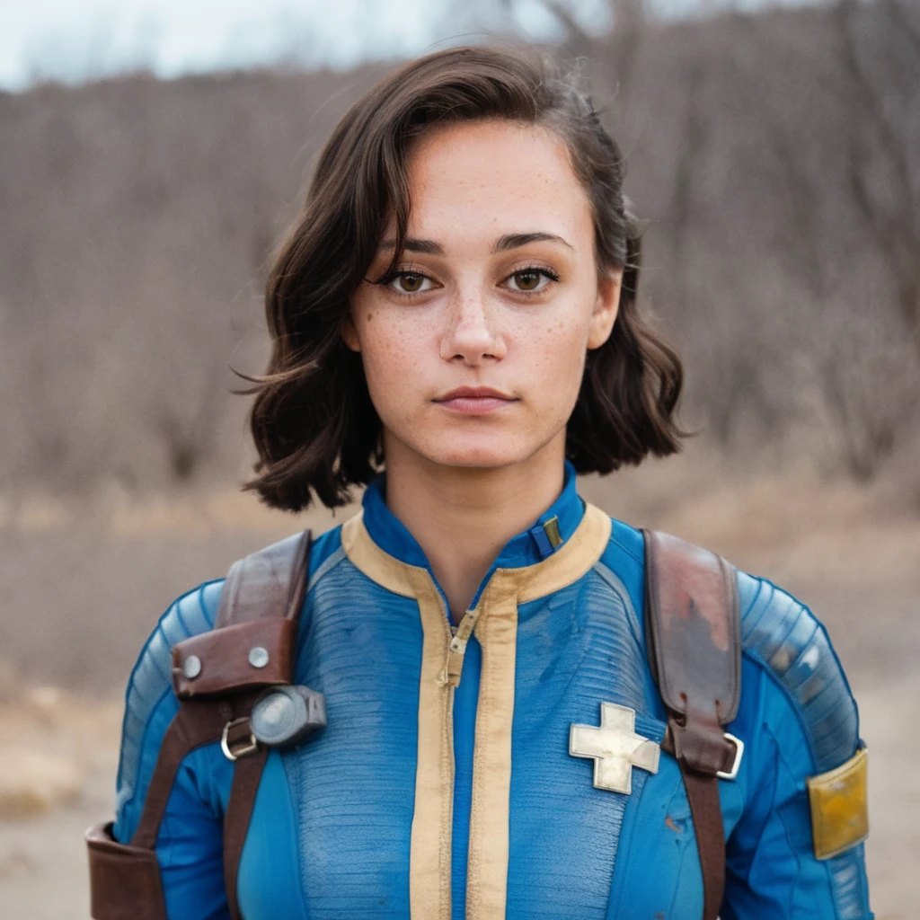 score_9, score_8_up, score_7_up,1girl, white skin ,  25 years old, looking at viewer,brown eyes, black hair,  ellapurnell <lora:Ella Purnell Pony:1> wearing a blue fallout jumpsuit