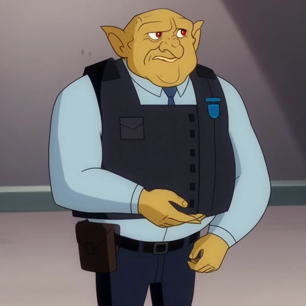 score_7_up, BREAK, 1boy, solo, BARNABASDINGLEKNOT, red eyes, pointy ears, green skin, shirt, necktie, vest, vest, uniform, cowboy shot, <lora:BarnabasDingleknot_PXL_Leaf1_r1:1>