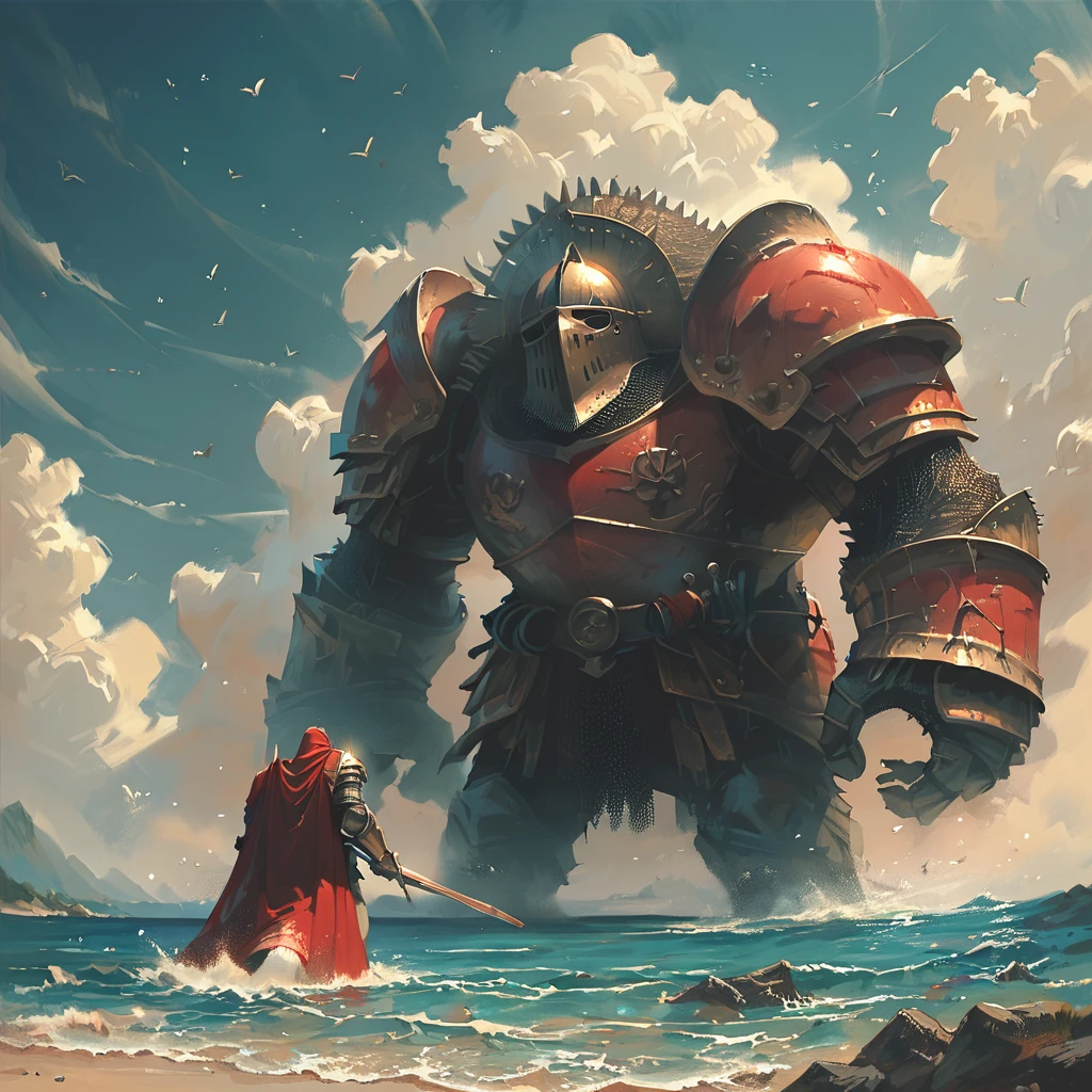 score_9, score_8_up, score_7_up, score_6_up, score_5_up, score_4_up, (a giant octopus standing ifnront of a knight, ocean in background:1.2) Bosstyle 